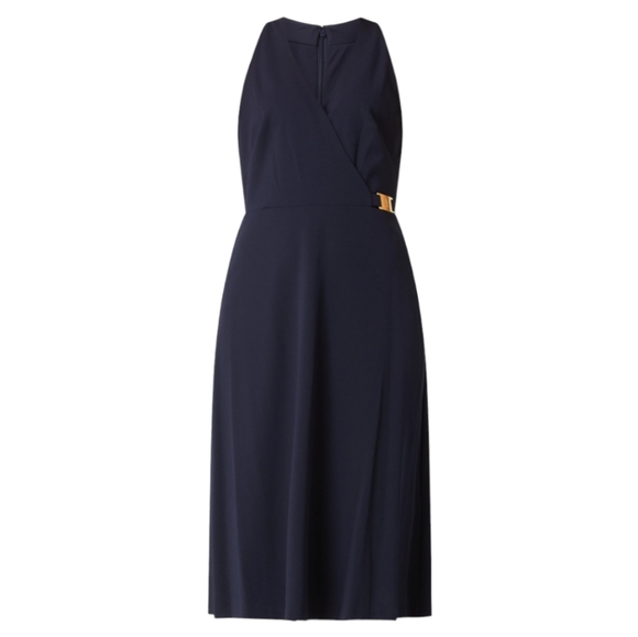 Ralph Lauren Navy Fit and Flare Halter V-neck Midi Dres Gold Signature Buckle - Picture 6 of 8
